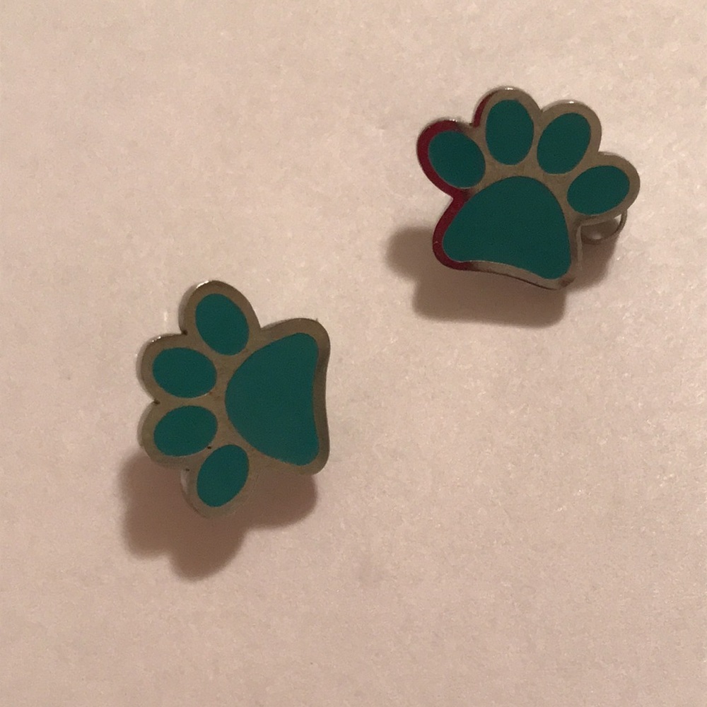 Teal Paw Print Stud Earrings - Silver Trim - Picture 6 of 6